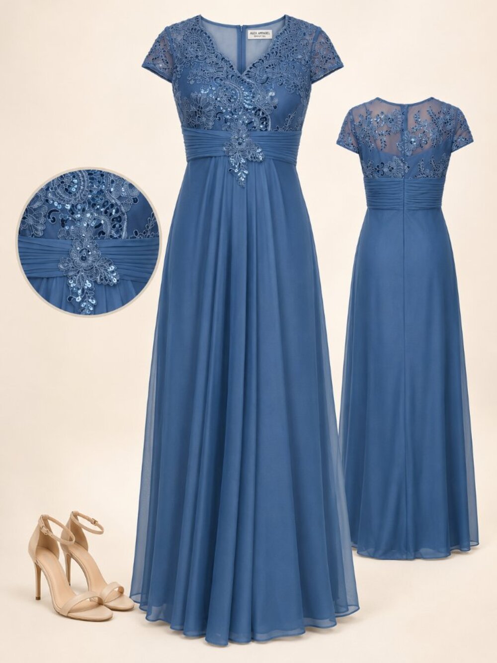 Alex Evenings Vintage Blue Petite Sequin Embroidered Lace Gown Size 14P NWT